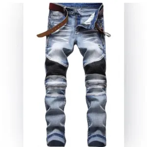 0422 Men's Straight Fit Jeans Blue Moto Biker Jeans with Quilted Panels