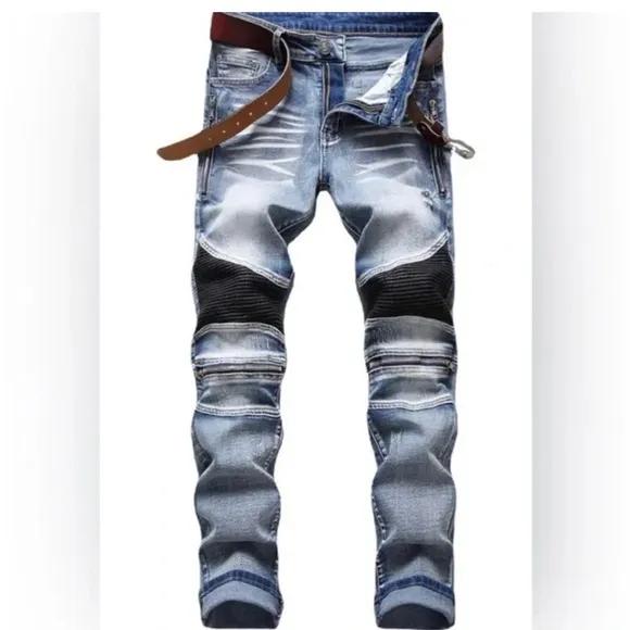 0422 Men's Straight Fit Jeans Blue Moto Biker Jeans with Quilted Panels