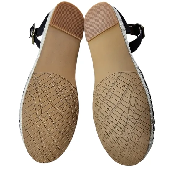 14TH &amp; UNION Denni-Lea Black Leather Espadrille Flats Buckle Ankle Straps