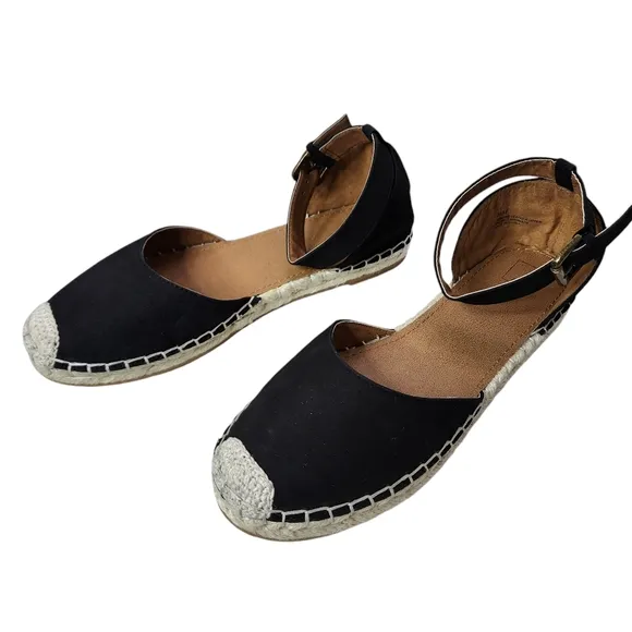 14TH &amp; UNION Denni-Lea Black Leather Espadrille Flats Buckle Ankle Straps