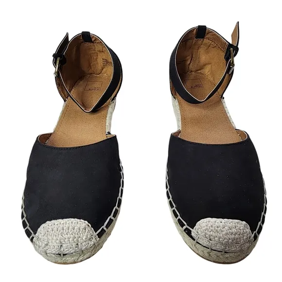 14TH &amp; UNION Denni-Lea Black Leather Espadrille Flats Buckle Ankle Straps