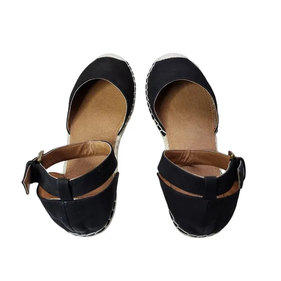 14TH &amp; UNION Denni-Lea Black Leather Espadrille Flats Buckle Ankle Straps
