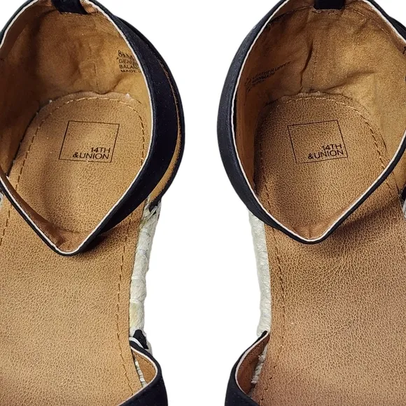 14TH &amp; UNION Denni-Lea Black Leather Espadrille Flats Buckle Ankle Straps