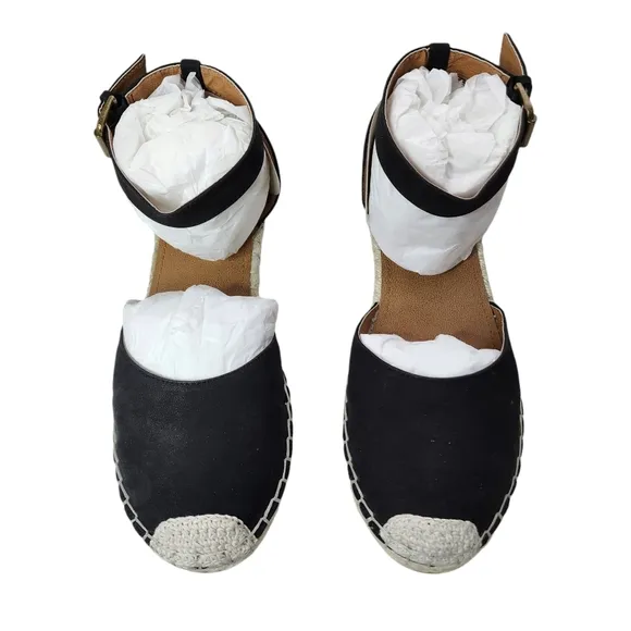 14TH &amp; UNION Denni-Lea Black Leather Espadrille Flats Buckle Ankle Straps
