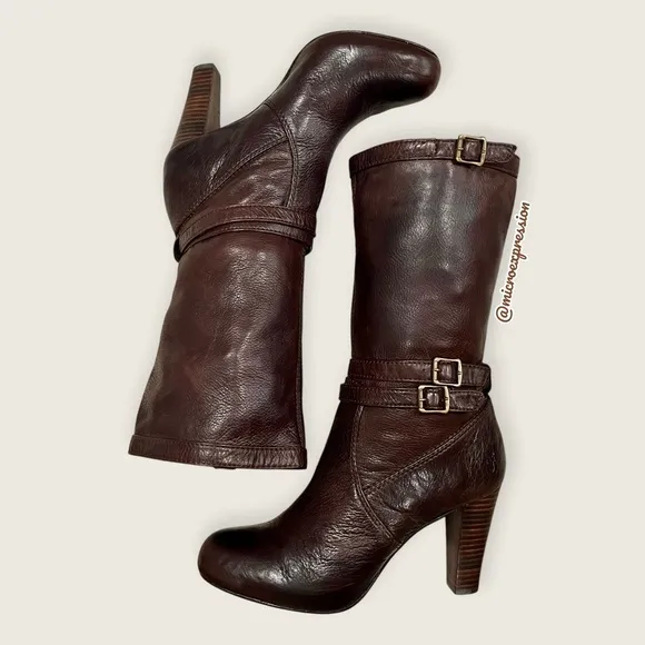 $369 Frye Miranda Slouch Mid Calf Brown Leather Casual Formal Stiletto Booties