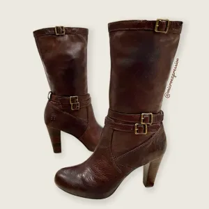 $369 Frye Miranda Slouch Mid Calf Brown Leather Casual Formal Stiletto Booties