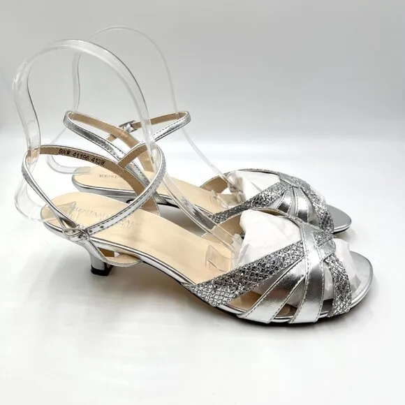 9.5W 9.5 WIDE WIDTH Touch Ups Jane Silver Kitten Heels Dress Sandals Shoes