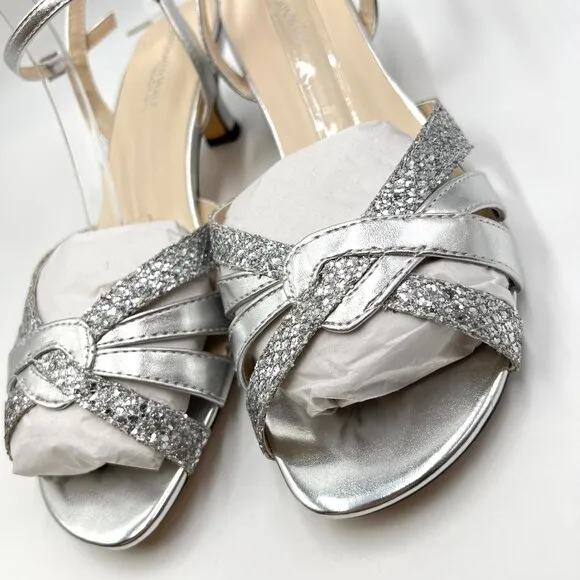 9.5W 9.5 WIDE WIDTH Touch Ups Jane Silver Kitten Heels Dress Sandals Shoes