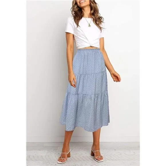 A-LINE Swing Midi Skirts 02-blue