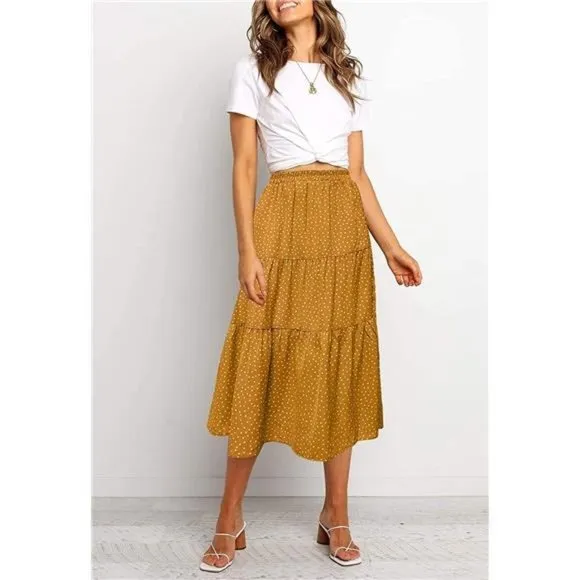 A-LINE Swing Midi Skirts 02-yellow
