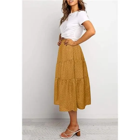 A-LINE Swing Midi Skirts 02-yellow