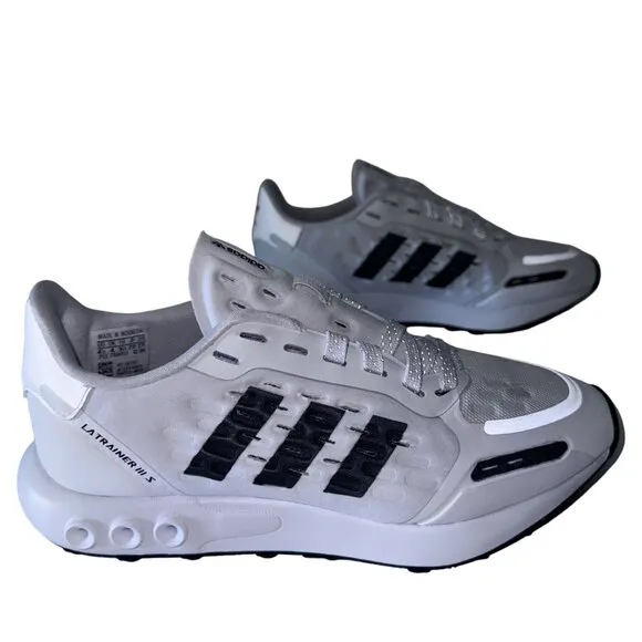 Adidas Boys Size 4.5 LA Trainer 3 White &amp; Black Sneakers Reflective Youth Kids