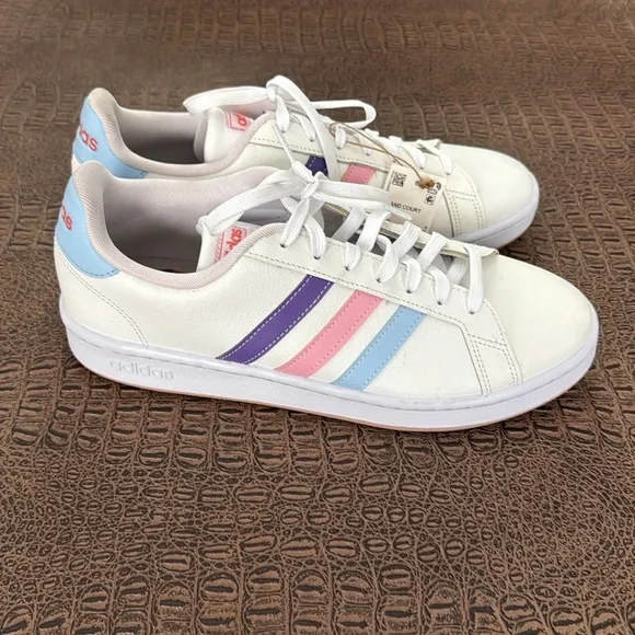 Adidas Grand Court Cloudfoam Rainbow Stripe Sneakers White mens  10.5 NWT