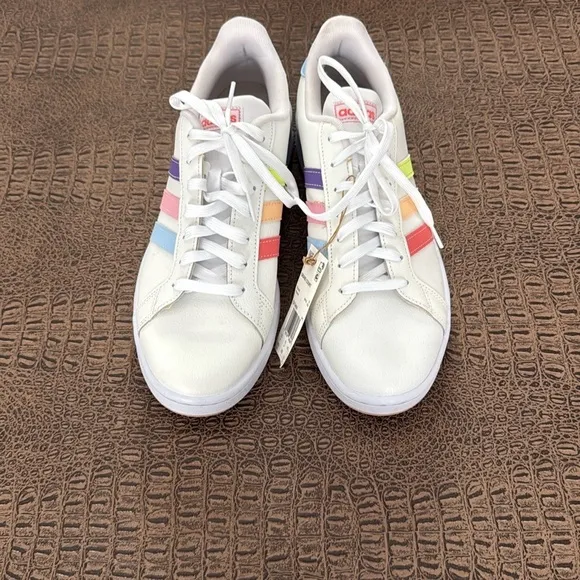 Adidas Grand Court Cloudfoam Rainbow Stripe Sneakers White mens  10.5 NWT