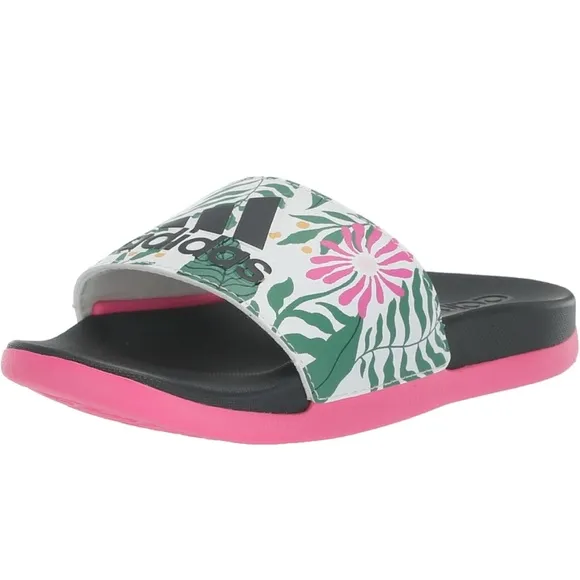 Adidas Kids' Adilette Comfort Slide Sandal Color Carbon/Off White/Lucid Pink - 7