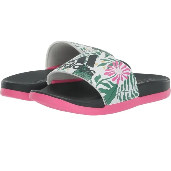 Adidas Kids' Adilette Comfort Slide Sandal Color Carbon/Off White/Lucid Pink - 7