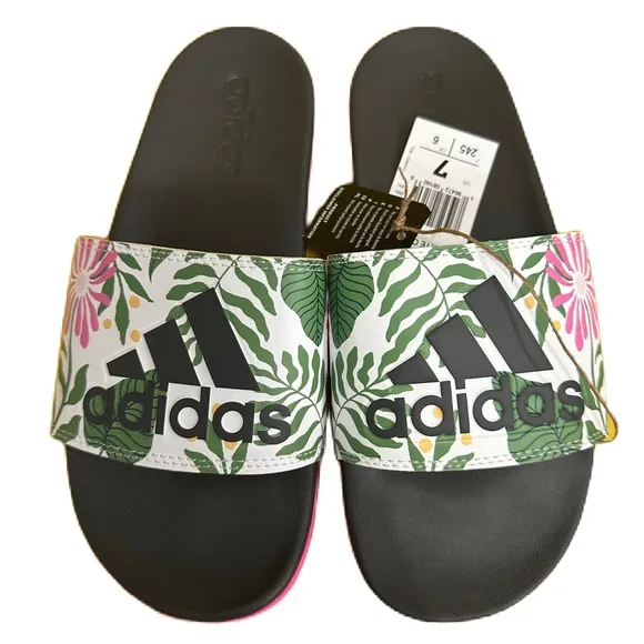 Adidas Kids' Adilette Comfort Slide Sandal Color Carbon/Off White/Lucid Pink - 7