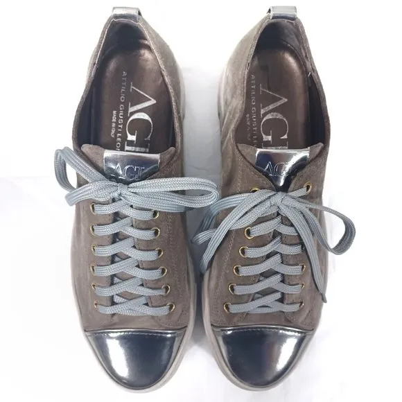 AGL Suede Leather Silver Chrome Cap Toe Platform Fashion Sneakers 39    9
