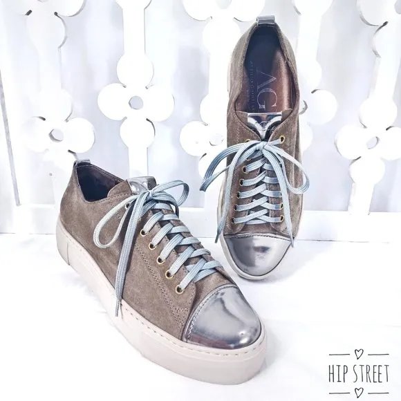 AGL Suede Leather Silver Chrome Cap Toe Platform Fashion Sneakers 39    9
