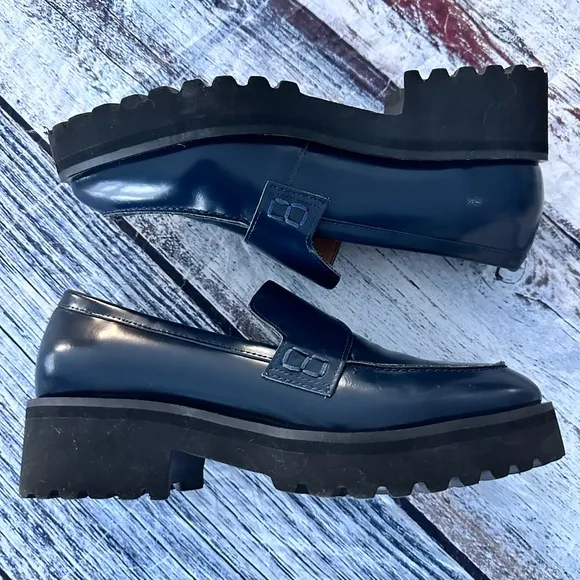 “All Black” Blue Patent Leather Lug Sole Loafers