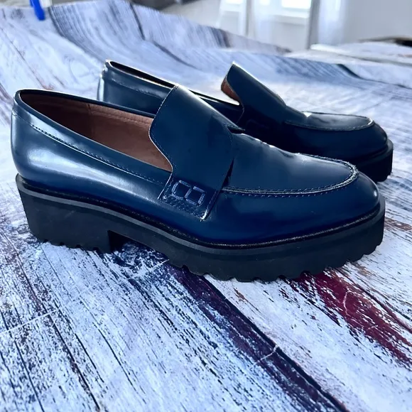 “All Black” Blue Patent Leather Lug Sole Loafers
