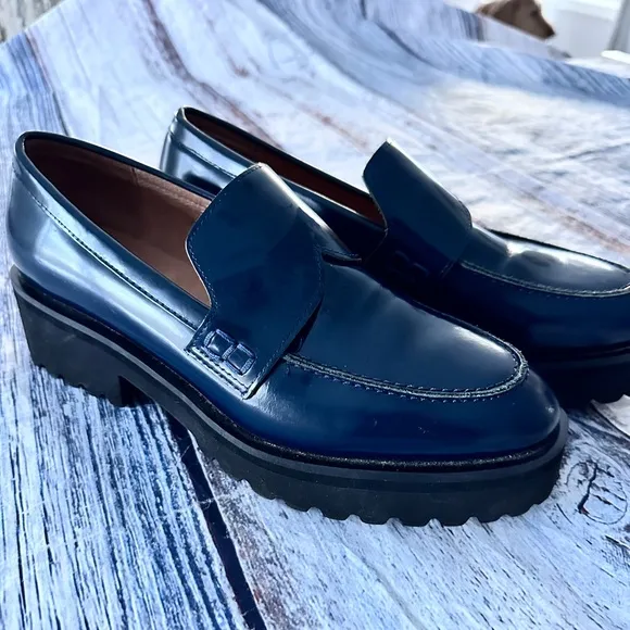“All Black” Blue Patent Leather Lug Sole Loafers