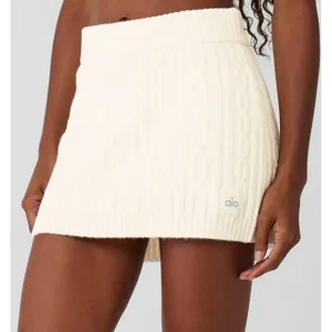 Alo Cable Knit Winter Bliss Mini Skirt Ivory Cream Stretchy Chunky Sweater Skort