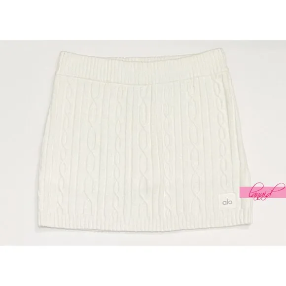 Alo Cable Knit Winter Bliss Mini Skirt Ivory Cream Stretchy Chunky Sweater Skort