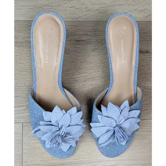 Anthropologie 3D Floral Leather &amp; Blue Jean Denim 3&quot; Heel Slides Summer Size 10