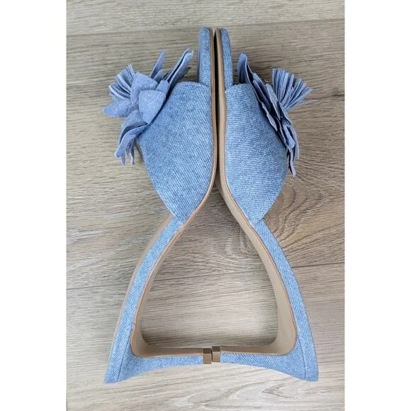 Anthropologie 3D Floral Leather &amp; Blue Jean Denim 3&quot; Heel Slides Summer Size 10