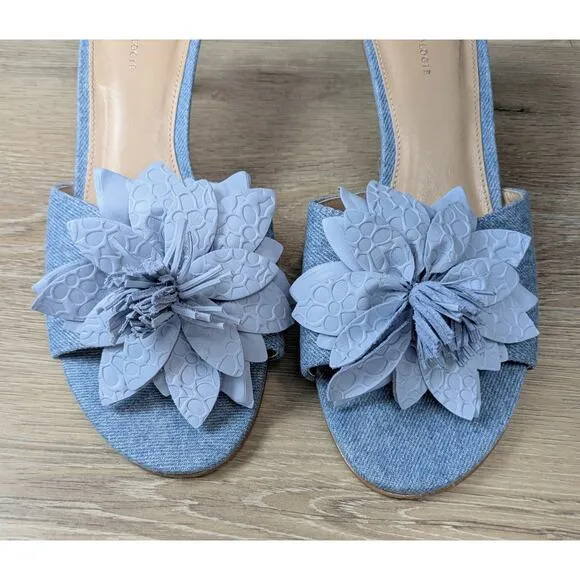 Anthropologie 3D Floral Leather &amp; Blue Jean Denim 3&quot; Heel Slides Summer Size 10