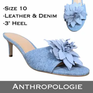 Anthropologie 3D Floral Leather &amp; Blue Jean Denim 3&quot; Heel Slides Summer Size 10