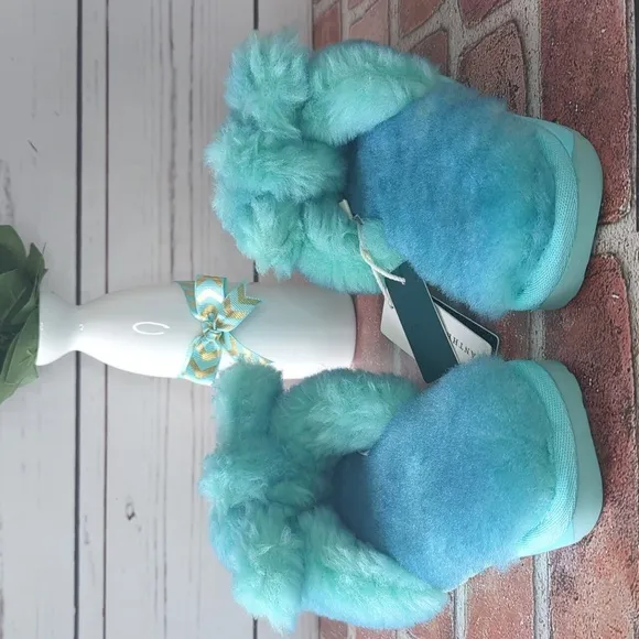 Anthropologie EMU Australia Aqua Teal Fuzzy Naledi Tie-Dye Women's Slippers 6