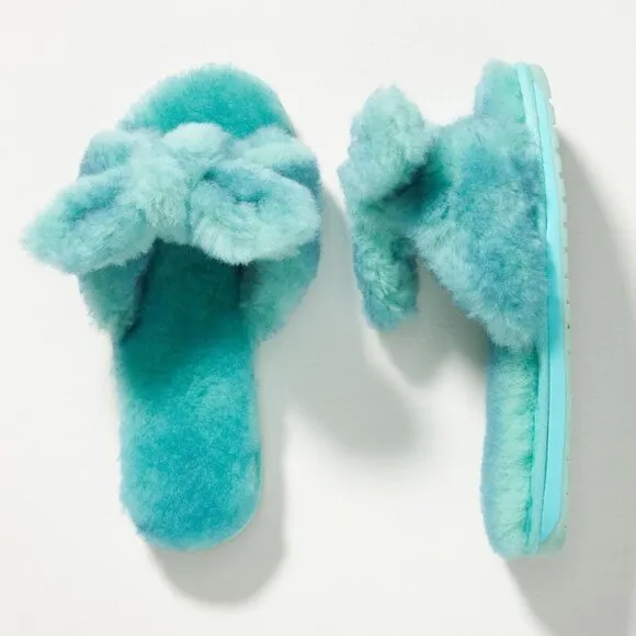 Anthropologie EMU Australia Aqua Teal Fuzzy Naledi Tie-Dye Women's Slippers 6