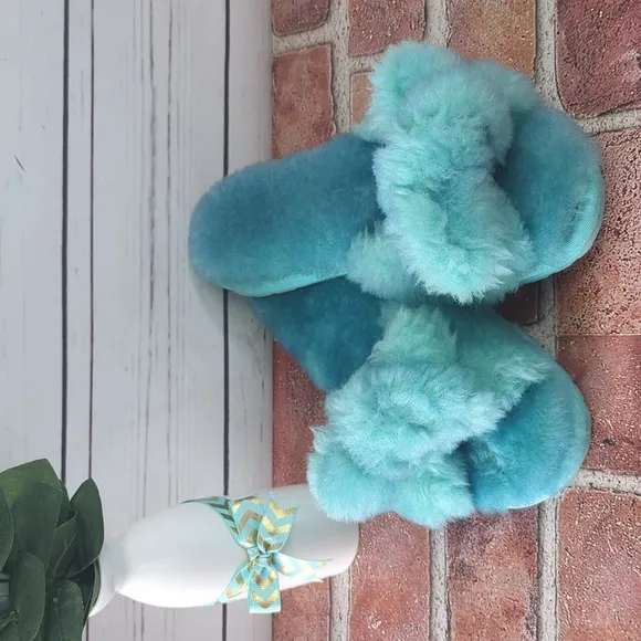 Anthropologie EMU Australia Aqua Teal Fuzzy Naledi Tie-Dye Women's Slippers 6