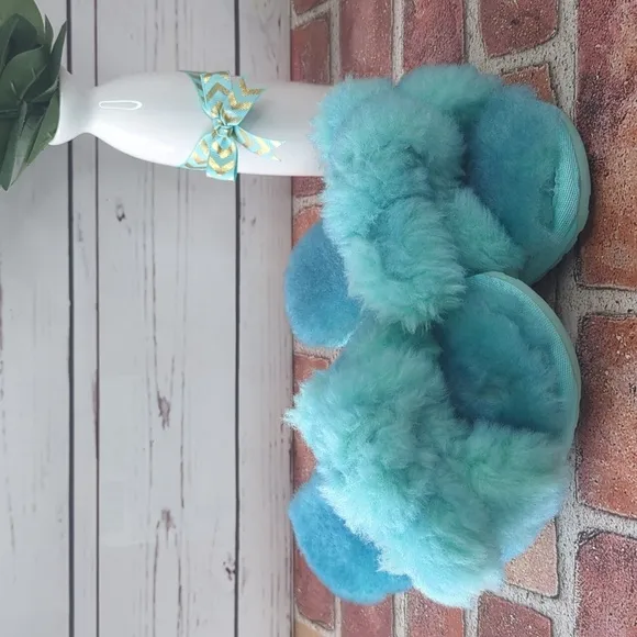 Anthropologie EMU Australia Aqua Teal Fuzzy Naledi Tie-Dye Women's Slippers 6