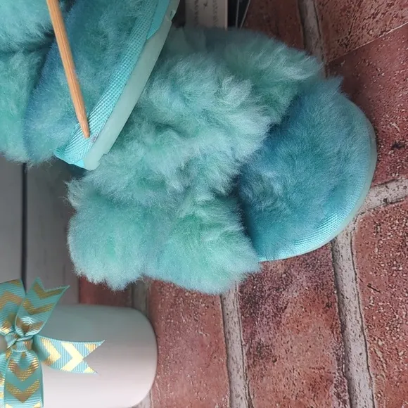 Anthropologie EMU Australia Aqua Teal Fuzzy Naledi Tie-Dye Women's Slippers 6