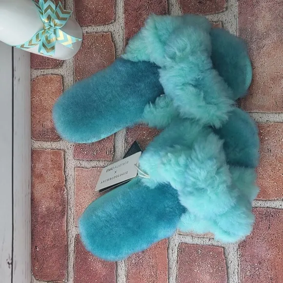 Anthropologie EMU Australia Aqua Teal Fuzzy Naledi Tie-Dye Women's Slippers 6