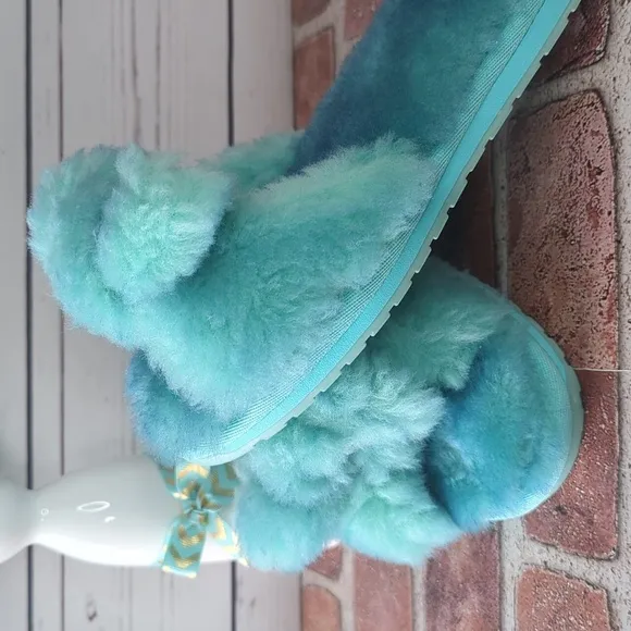Anthropologie EMU Australia Aqua Teal Fuzzy Naledi Tie-Dye Women's Slippers 6