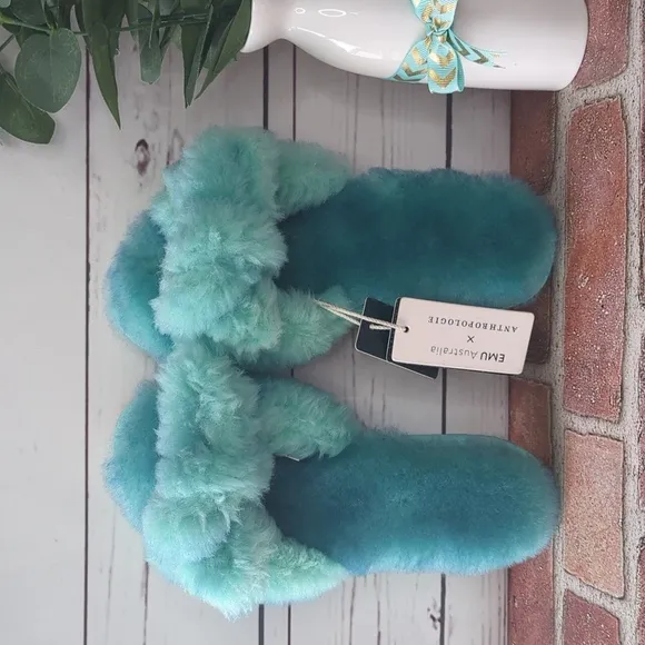 Anthropologie EMU Australia Aqua Teal Fuzzy Naledi Tie-Dye Women's Slippers 6