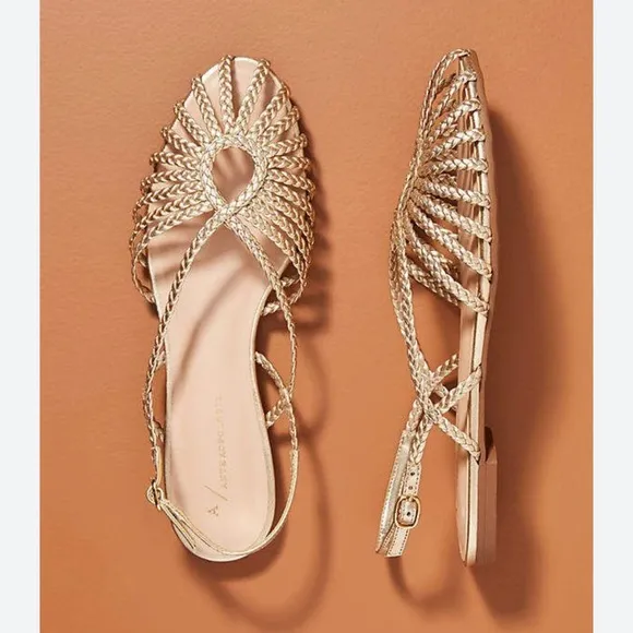 Anthropologie Joelle Braided Sandals in Gold Metallic NIB