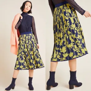 Anthropologie Leandra Pleated Sweater Skirt Large Floral Sz Large NWT Green
