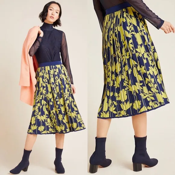 Anthropologie Leandra Pleated Sweater Skirt Large Floral Sz Large NWT Green