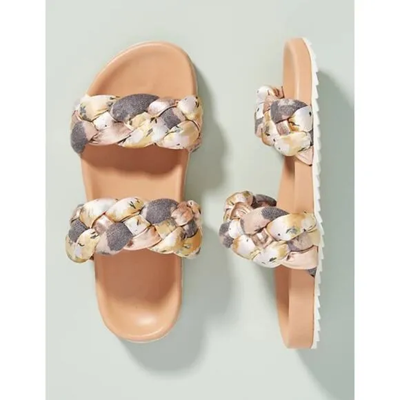 Anthropologie Mae Braided Rose Gold Floral Slides Sandals 8