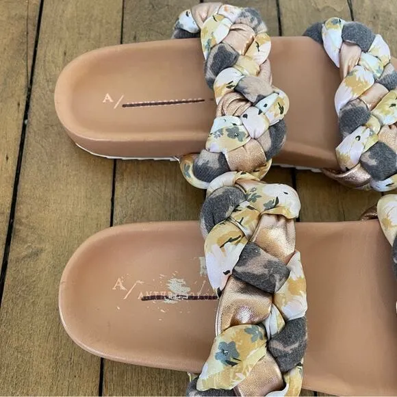Anthropologie Mae Braided Rose Gold Floral Slides Sandals 8