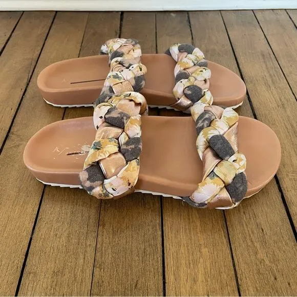Anthropologie Mae Braided Rose Gold Floral Slides Sandals 8