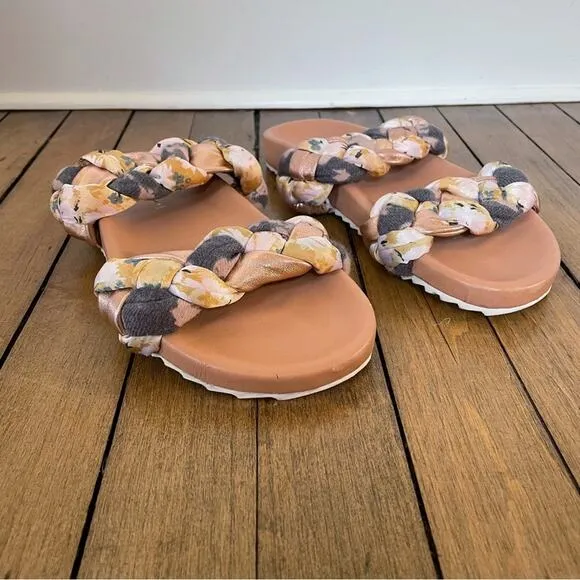 Anthropologie Mae Braided Rose Gold Floral Slides Sandals 8