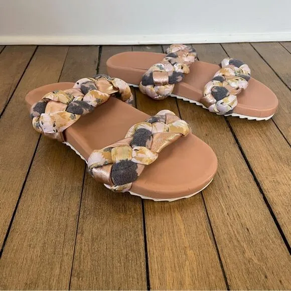 Anthropologie Mae Braided Rose Gold Floral Slides Sandals 8