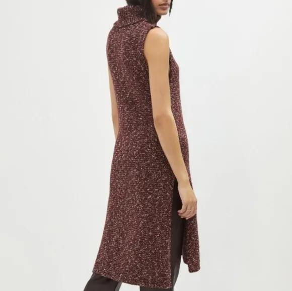 Anthropologie Marled Knit Sleeveless Side Slit Turtleneck Sweater Tunic Burgundy