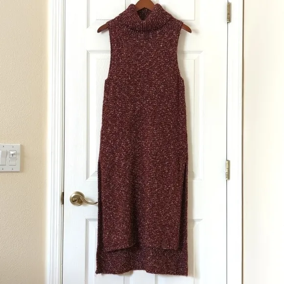 Anthropologie Marled Knit Sleeveless Side Slit Turtleneck Sweater Tunic Burgundy
